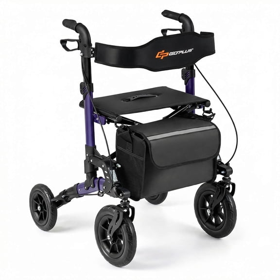 Goplus Rollator Walker for Seniors with Seat Mesh Backrest Spring Suspension Cane Holder Purple + Black