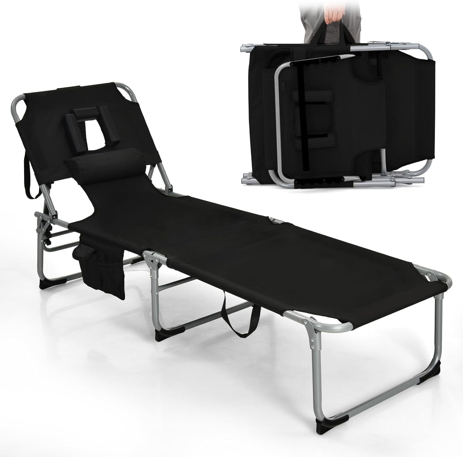 Goplus Tanning Chair, Folding Adjustable Patio Lounge Chair with Face Hole, Removable Pillow