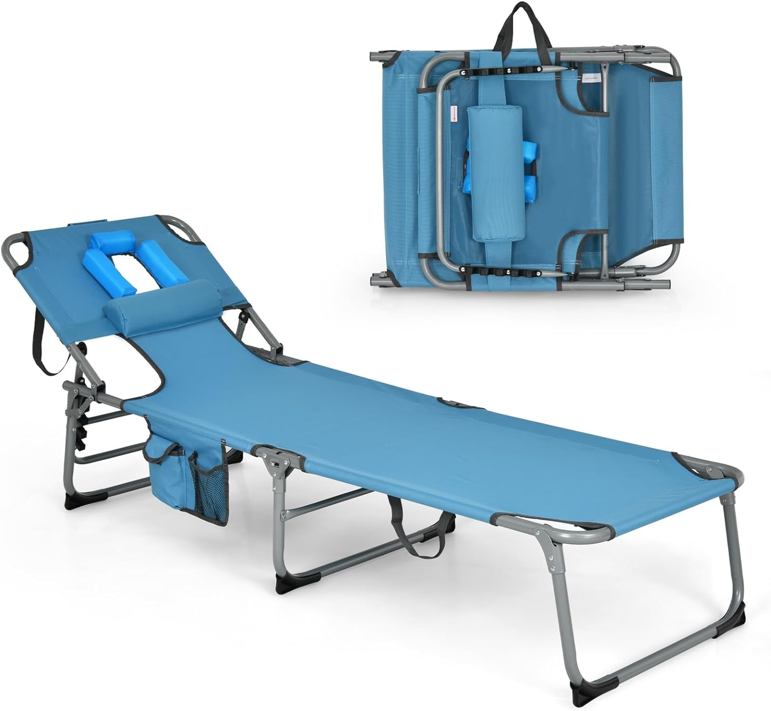 Goplus Tanning Chair, Folding Adjustable Patio Lounge Chair with Face Hole, Removable Pillow