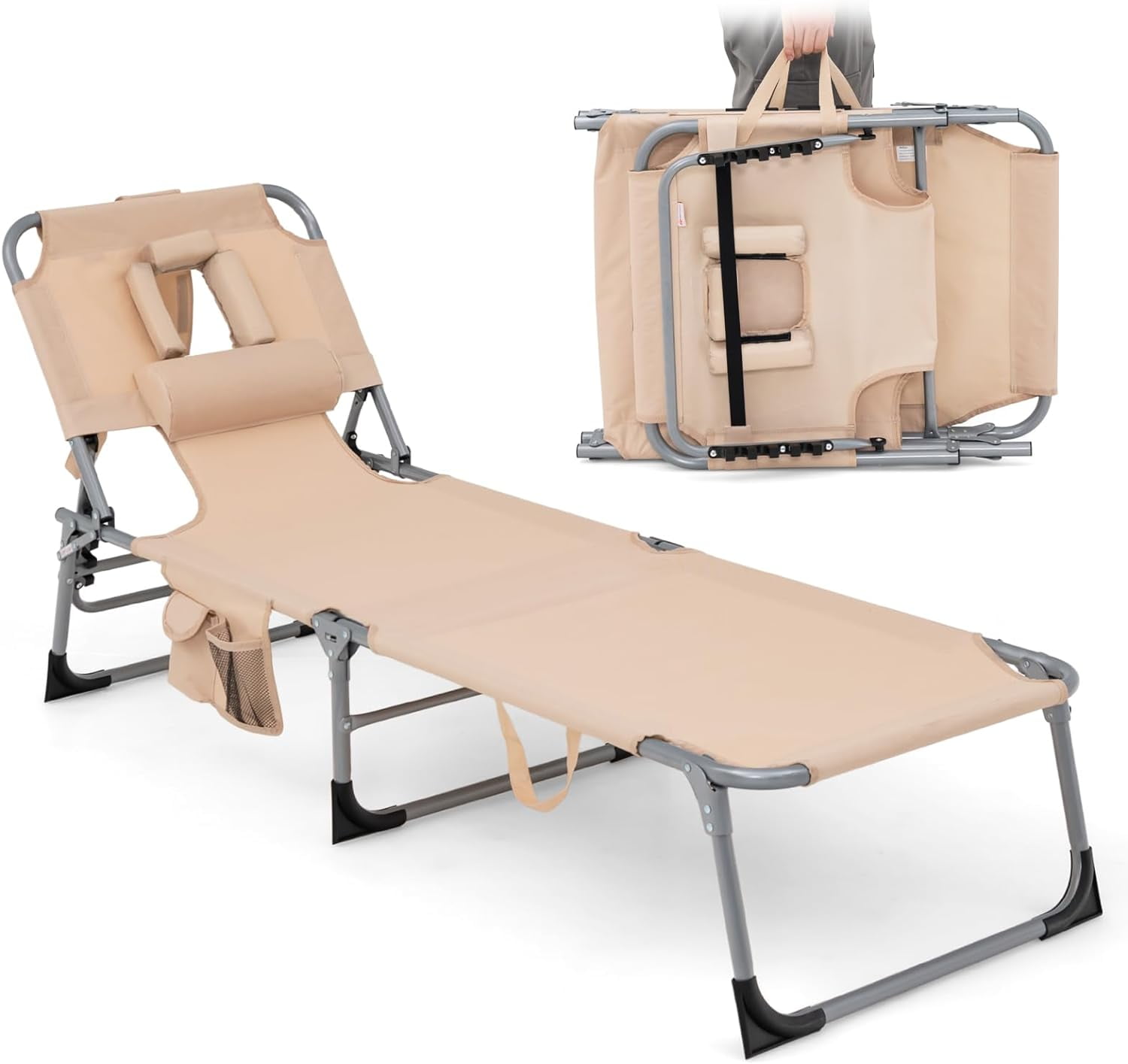 Goplus Tanning Chair, Folding Adjustable Patio Lounge Chair with Face Hole, Removable Pillow