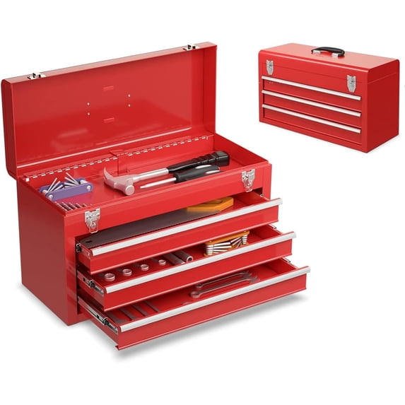 Goplus Tool Box, Portable 20” Tool Boxes with 3 Drawers, Top Tool Tray, Metal Lock Latch, Protective Liner, Auto Locking, Heavy Duty Steel Toolbox for Garage, Workshop, Mechanic