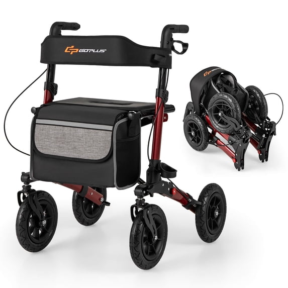 Goplus Walker for Seniors Folding Rollator Walker with 9" Pneumatic Tires for All Terrain Red