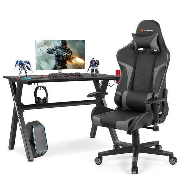 Goplus X-Shaped Gaming Desk & Racing Style Massage Chair Set Home Office Black+Grey