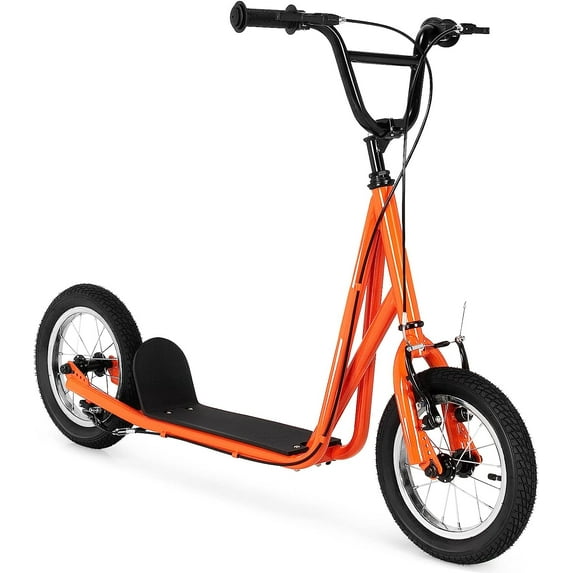Goplus Youth Kick Scooter, Kids Kick Scooter W/ 12-Inch Air Filled Wheels, Carbon Steel Frame, Adjustable Handlebar, Front and Rear Dual Brakes, Ride On Toys for Adults Teens 8+