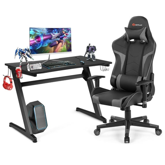 Goplus Z-Shaped Racing Style Desk & Massage Gaming Chair Set for Home Office Grey