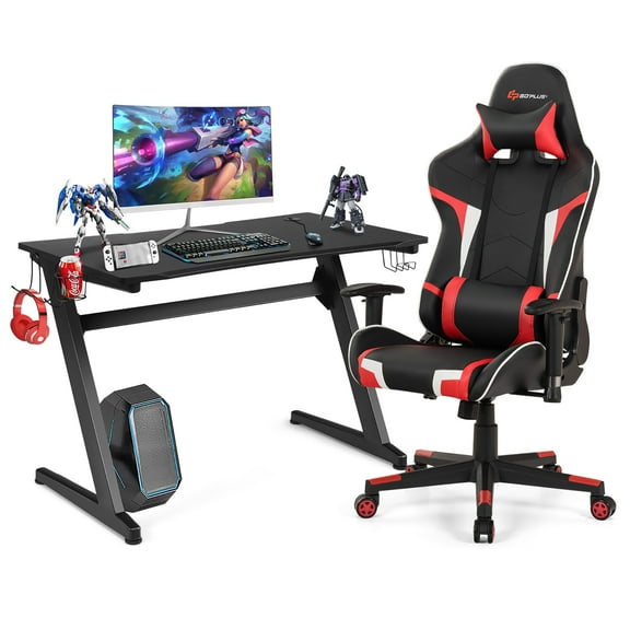 Goplus Z-Shaped Racing Style Desk &  Massage Gaming Chair Set for Home Office Red