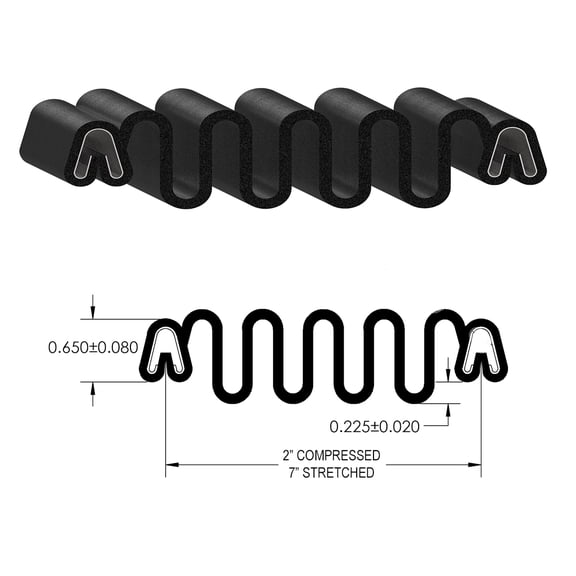 Gordon Glass Slider to Slider Accordion Boot Seal, 2" Compressed, 7" Stretched - 25 ft | Spring clips are facing the same direction