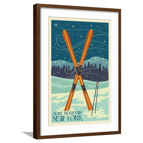 Art.com Gore Mountain, New York - Crossed Skis Art Print by Lantern Press, Brown Frame Wall Art, 21" x 29"