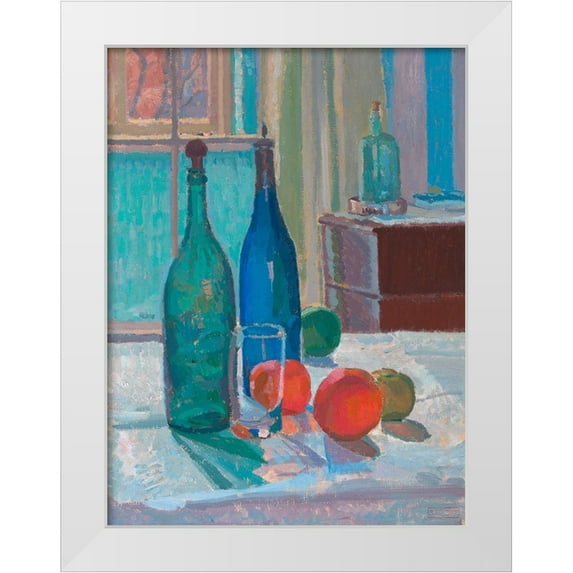Gore, Spencer Frederick 25x32 White Modern Wood Framed Museum Art Print Titled - Blue and Green Bottles and Oranges
