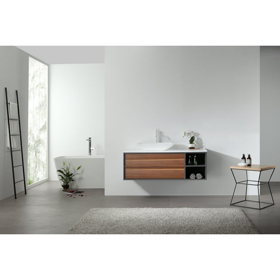 Goreme 48" Walnut and Dark Gray Oak Wall Mount Bathroom Vanity, Open Shelf