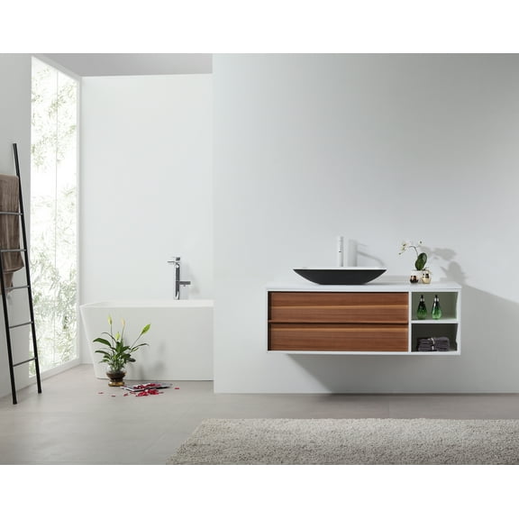 Goreme 48" Walnut and White Oak Wall Mount Bathroom Vanity, Open Shelf