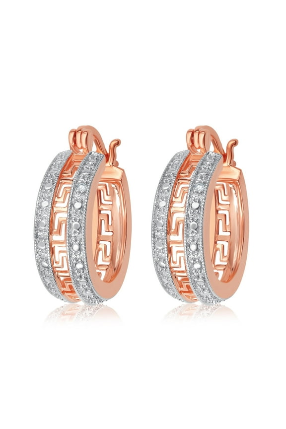 Gorgeous 0.02 Carat Natural Diamond Accent Greek Key Hoop Earrings In 14K Rose Gold Plated