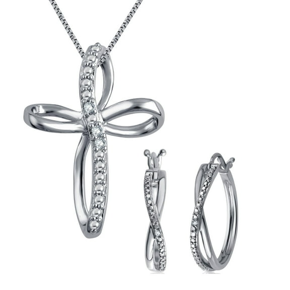 Gorgeous 0.25 Carat Diamond Accent 2 Piece Hoop Criss Cross Necklace & Earrings Set In 14K White Gold Plated