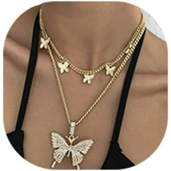Gorgeous 2 Layered Crystal Butterfly Pendant Necklace, Multi-layer Sparkly Butterfly Chain Link Necklace for Women (Gold)