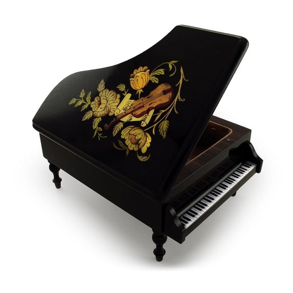 Gorgeous 30 Note Black Lacquer Grand Piano with Violin & Floral Inlay Musical Jewelry Box - Greensleeves