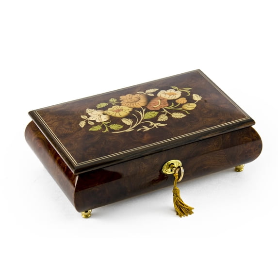 Gorgeous 30 Note Dark Natural Wood Tone Floral Inlay Musical Jewelry Box with Lock and Key - 9th Symphony (Ode to Joy)