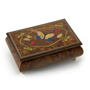Gorgeous 30 Note Graceful Butterfly with Ribbon Outline Wood Inlay Music Box - Blue Danube