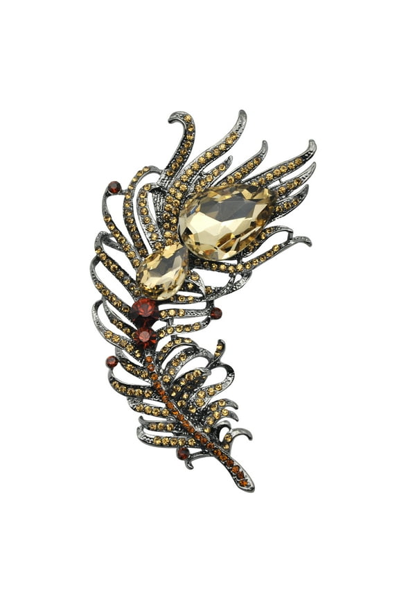 Gorgeous 4 Inch Art Deco Peacock Feather With Topaz Brown Crystal Rhinestone Brooch Pin