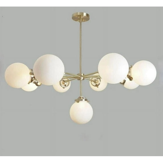 Gorgeous 9 Globe Mid Century Modern Chandelier, Handcrafted Lamp Ceiling Light, Brass Lights Glass Globe Design Pendant Light Fixture
