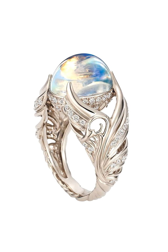 Gorgeous 925 Sterling Silver Ring Angel Wings Charming Moonstone Diamond Jewelry Casual Accessory Engagement Rings