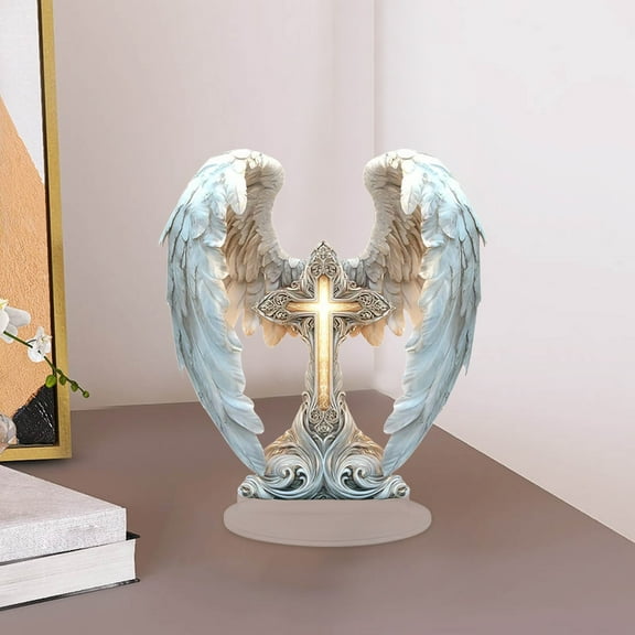 Gorgeous Angel Wings Cross Ornaments, Delicate Wings Wrapped Around The Cross, 2D Flat Acrylic Desktop Ornaments, Elegant Bohemian Style.