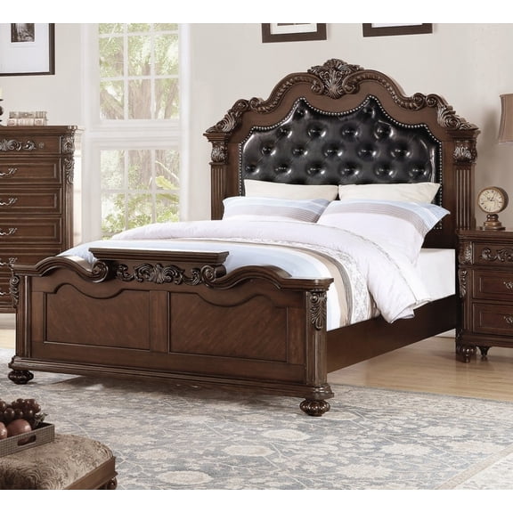 The Traditional Antique Cherry 1pc Queen Size Bed with Tufted Faux Leather Headboard and Wooden Bedframe