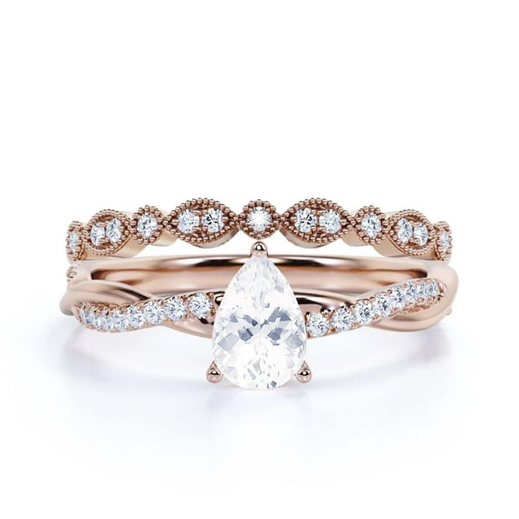 Gorgeous Art Deco 1.75 Carat Pear Cut Diamond Moissanite Engagement Ring,One Matching Band, Twisted Band Wedding Ring in 925 Sterling Silver With 18k Rose Gold Plating Gift For Her Promise Ring