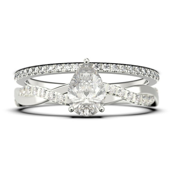 Gorgeous Art Deco 1.75 Carat Pear Cut Diamond Moissanite Engagement Ring, One Matching Band, Twisted Band Wedding Ring in 925 Sterling Silver With 18k White Gold Plating Gift For Her