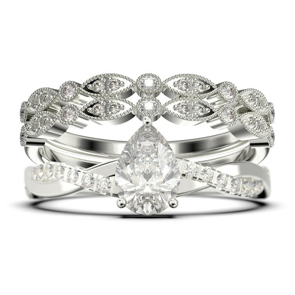 Gorgeous Art Deco 2.25 Carat Pear Cut Diamond Moissanite Engagement Ring, Two Matching Band, Twisted Band Wedding Ring In 925 Sterling Silver With 18K White Gold Plating Gift For Her