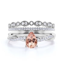Gorgeous Art Deco 2.25 Carat Pear Cut Morganite And Diamond Moissanite Engagement Ring, Two Matching Band, Twisted Band Wedding Ring in 925 Sterling Silver With 18k White Gold Plating Gift For Her