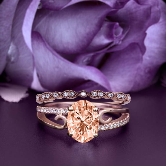 Gorgeous Art Nouvea 2.00 Carat Oval Cut Morganite And Diamond Moissanite Twirled Style Engagement Ring, Wedding Ring In 10K Solid Rose Gold, Gift For Her Silver, Rose Gold, Bridal Set, Anniversary