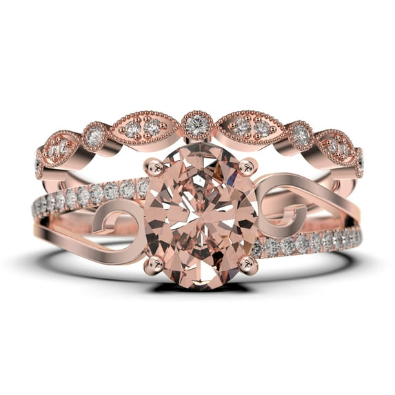 Gorgeous Art Nouvea 2.00 Carat Oval Cut Morganite And Diamond Moissanite Twirled Style Engagement Ring, Wedding Ring In 925 Sterling Silver With 18K Rose Gold Plating Gift For Her, Bridal Set