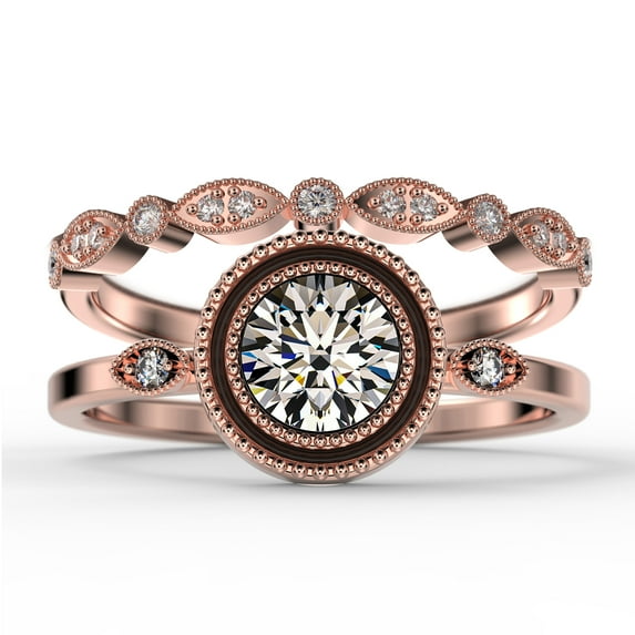 Gorgeous Art nouvea 1.60 Ct Round Cut Diamond Moissanite Engagement Ring, Boho Moissanite Wedding Ring, One Matching Band in 925 Sterling Silver With 18k Rose Gold Plating Gift For Her