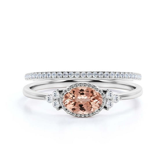 Gorgeous Art nouvea 1.90 Carat Oval Cut Morganite And Diamond Moissanite Affordable Engagement Ring, Dainty Morganite Wedding Ring, One Matching Band in 10k Solid White Gold Gift For Her, Promise Ring