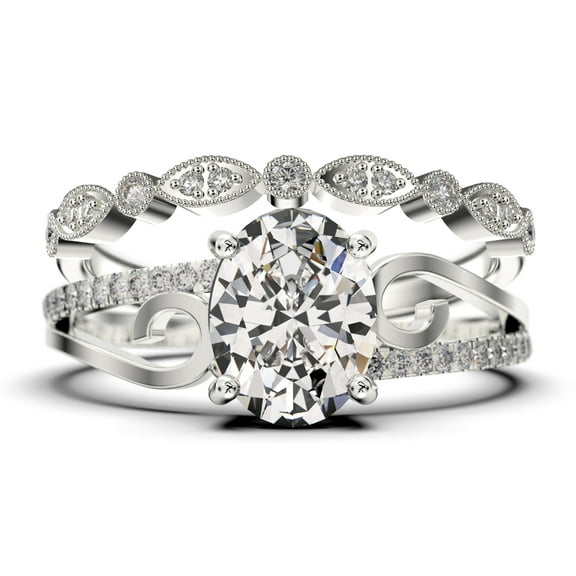 Gorgeous Art nouvea 2.00 Carat Oval Cut Diamond Moissanite Twirled Style Engagement Ring, Wedding Ring in 925 Sterling Silver With 18k White Gold Plating Gift For Her, Bridal Set