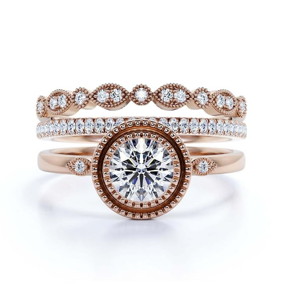 Gorgeous Art nouvea 2.10 Carat Round Cut Diamond Moissanite Engagement Ring, Boho Moissanite Wedding Ring, Two Matching Band in 10k Solid Rose Gold, Gift For Her, Promise Ring, Anniversary Gift