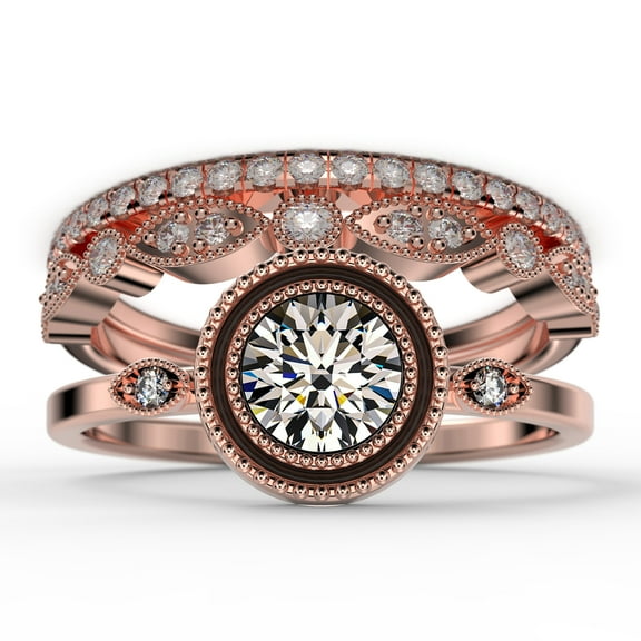 Gorgeous Art nouvea 2.10 Carat Round Cut Diamond Moissanite Engagement Ring, Boho Moissanite Wedding Ring, Two Matching Band in 10k Solid Rose Gold, Gift For Her, Promise Ring