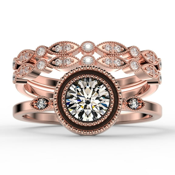 Gorgeous Art nouvea 2.10 Carat Round Cut Diamond Moissanite Engagement Ring, Boho Moissanite Wedding Ring, Two Matching Band in 10k Solid Rose Gold, Gift For Her, Promise Ring