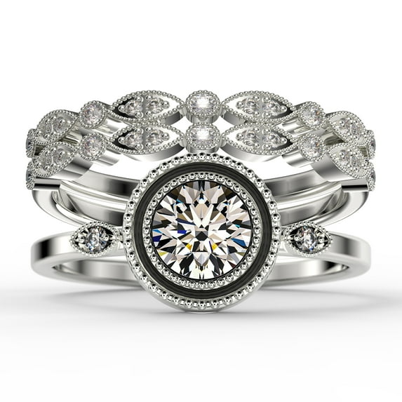 Gorgeous Art nouvea 2.10 Carat Round Cut Diamond Moissanite Engagement Ring, Boho Moissanite Wedding Ring, Two Matching Band in 10k Solid White Gold, Gift For Her, Promise Ring