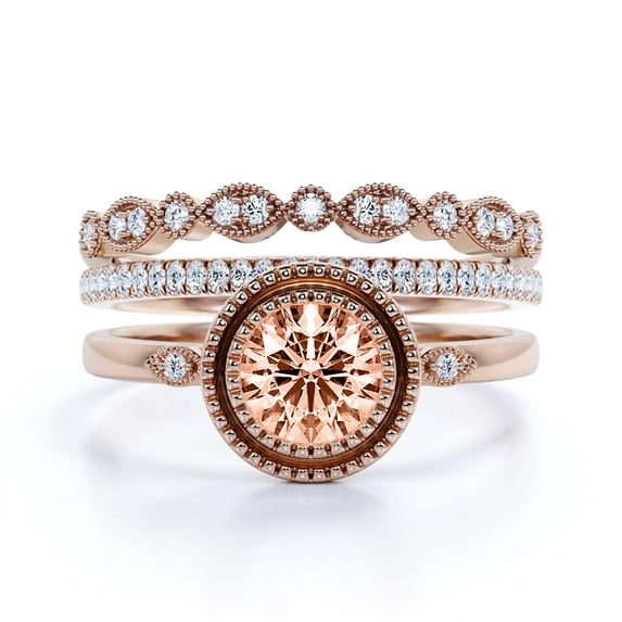 Gorgeous Art nouvea 2.10 Carat Round Cut Morganite And Diamond Moissanite Engagement Ring, Boho Moissanite Wedding Ring, Two Matching Band in 10k Solid Rose Gold, Gift For Her, Promise Ring