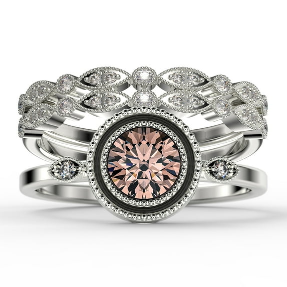 Gorgeous Art nouvea 2.10 Carat Round Cut Morganite And Diamond Moissanite Engagement Ring, Boho Moissanite Wedding Ring, Two Matching Band in 10k Solid White Gold, Gift For Her, Promise Ring