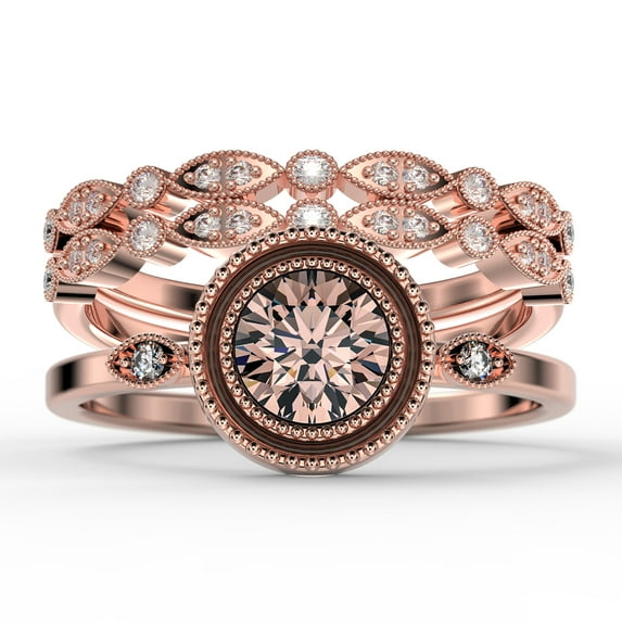 Gorgeous Art nouvea 2.10 Ct Round Cut Morganite And Diamond Moissanite Engagement Ring, Boho Moissanite Wedding Ring, Two Matching Band in 925 Sterling Silver With 18k Rose Gold Plating Gift For Her