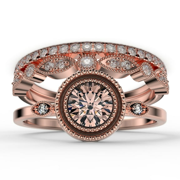 Gorgeous Art nouvea 2.10 Ct Round Cut Morganite And Diamond Moissanite Engagement Ring, Boho Moissanite Wedding Ring, Two Matching Band in 925 Sterling Silver With 18k Rose Gold Plating Gift For Her