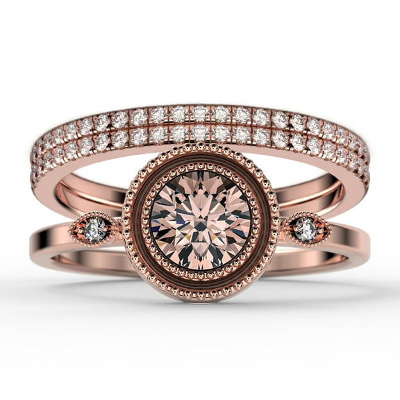 Gorgeous Art nouvea 2.10 Ct Round Cut Morganite And Diamond Moissanite Engagement Ring, Boho Moissanite Wedding Ring, Two Matching Band in 925 Sterling Silver With 18k Rose Gold Plating Gift For Her