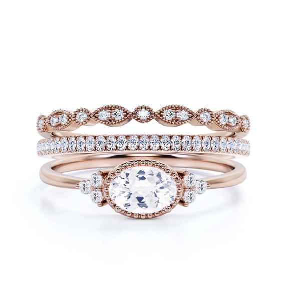 Gorgeous Art nouvea 2.40 Carat Oval Cut Diamond Moissanite Affordable Engagement Ring, Dainty Moissanite Wedding Ring, Two Matching Band in 925 Sterling Silver With 18k Rose Gold Plating Gift For He