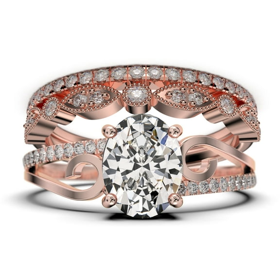Gorgeous Art nouvea 2.50 Carat Oval Cut Diamond Moissanite Twirled Style Engagement Ring, Wedding Ring in 925 Sterling Silver With 18k Rose Gold Plating Gift For He, Trio Set