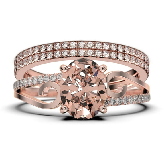 Gorgeous Art nouvea 2.50 Carat Oval Cut Morganite And Diamond Moissanite Twirled Style Engagement Ring, Wedding Ring in 10k Solid Rose Gold, Gift For Her Silver, Rose Gold, Trio Set, Anniversary Ring