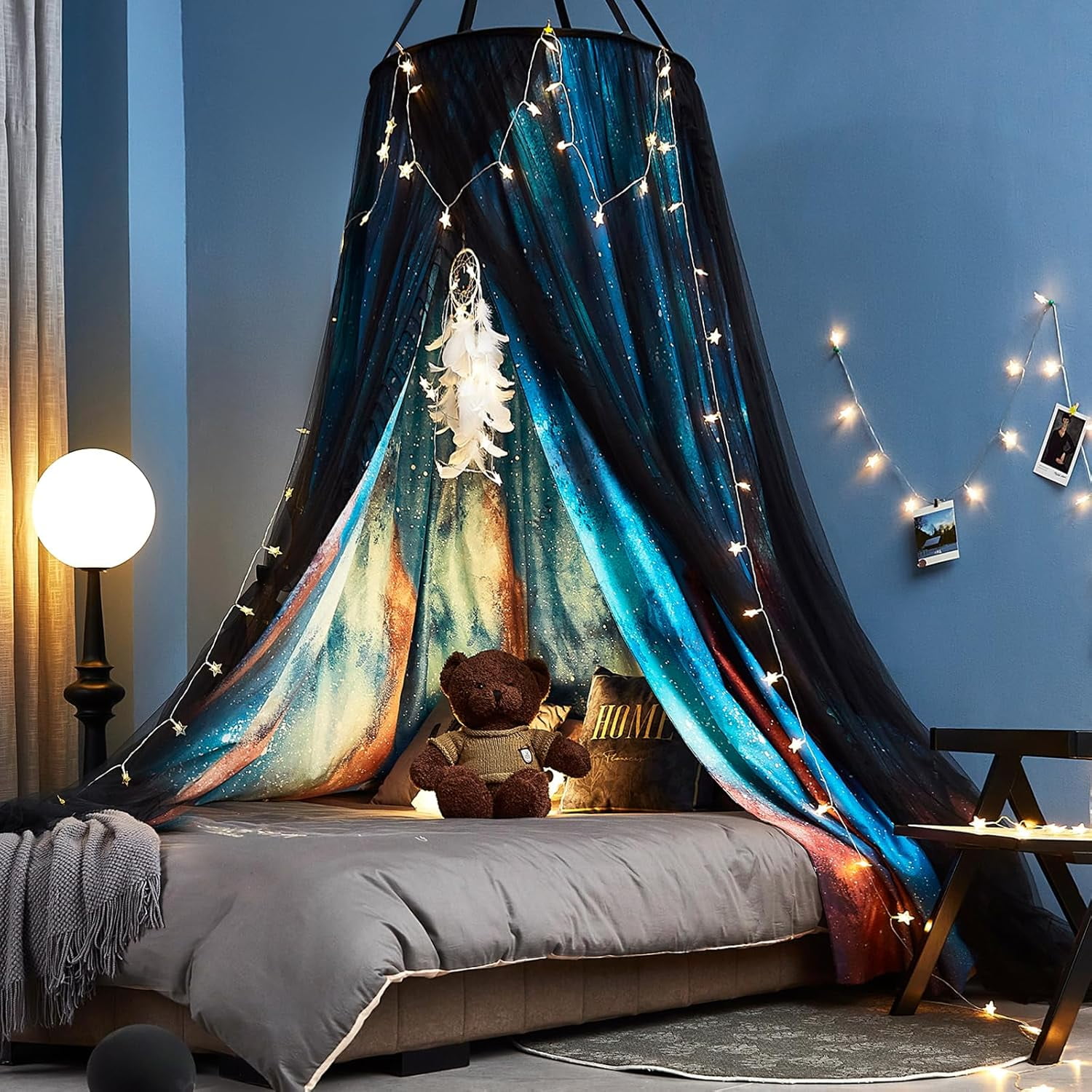 Gorgeous Aurora Printed Bed Canopy for Girls & Adults, Room Decorative Cozy Bed Curtain Canopy Drapes, Round Dome Luxurious Lace Princess Canopies Mosquito Netting (Aurora)