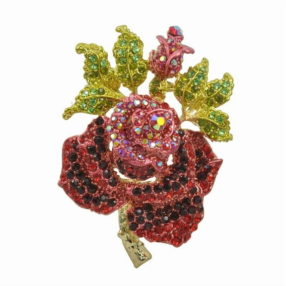 Gorgeous Austrian Crystal Wedding 2.55 inch Red Rose Flower Brooch Pin