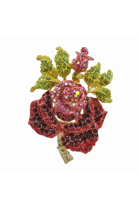 Gorgeous Austrian Crystal Wedding 2.55 inch Red Rose Flower Brooch Pin